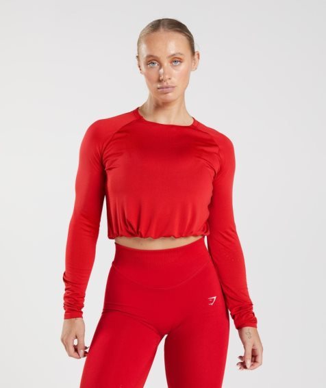 Women's Gymshark Sweat Seamless Long Sleeve Cropped Tops Red | NZ 6DOGPH